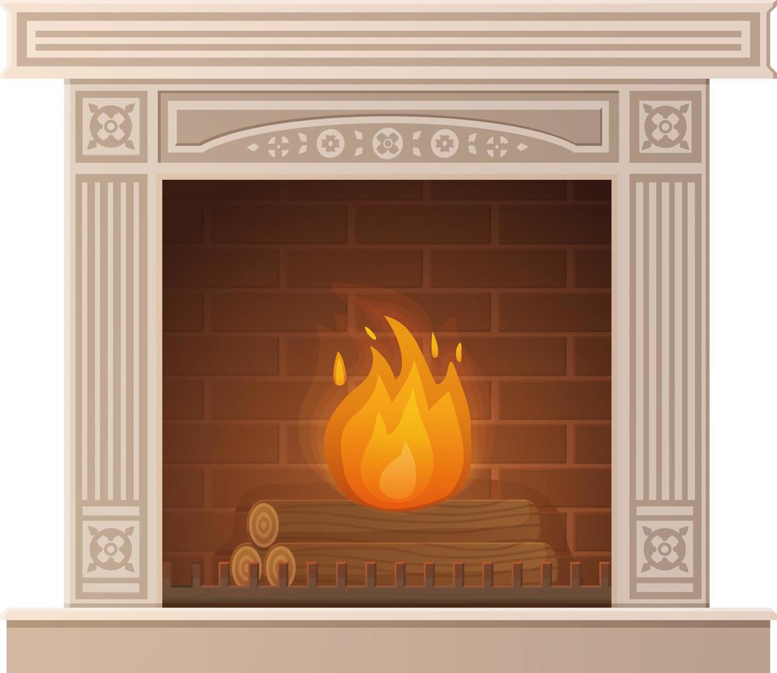 Cozy white stone burning fireplace in cartoon style isolated on white vector