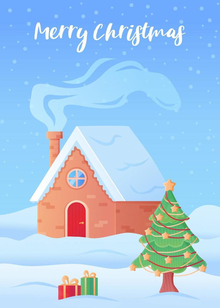 Merry Christmas greeting card Winter house with smoked chimney. vector