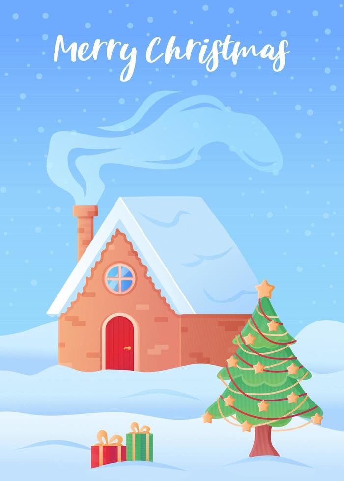 feliz navidad tarjeta de felicitación casa de invierno con chimenea ahumada. vector