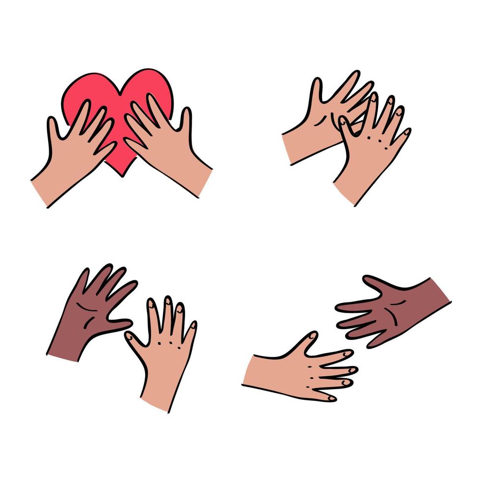 Kids hands interans set. Holding heart, reaching out to each other. Charity donation, social care, diversity concept. Vollunteer logo. Outline with color illustration in hand drawn style vector