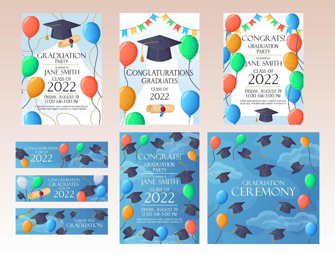 Graduation party invitation cards and banner set 2022 funny card. Sky with balloons. vector