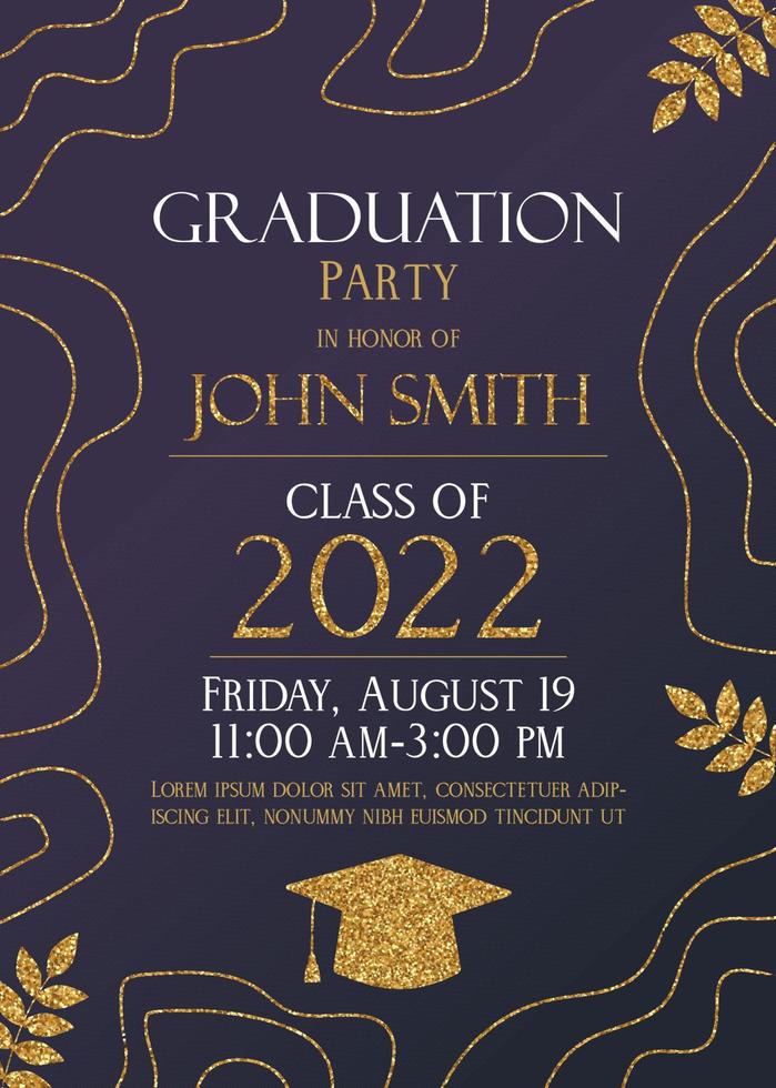 Dark with gold glitter Graduation party 2022 invitation card. vector