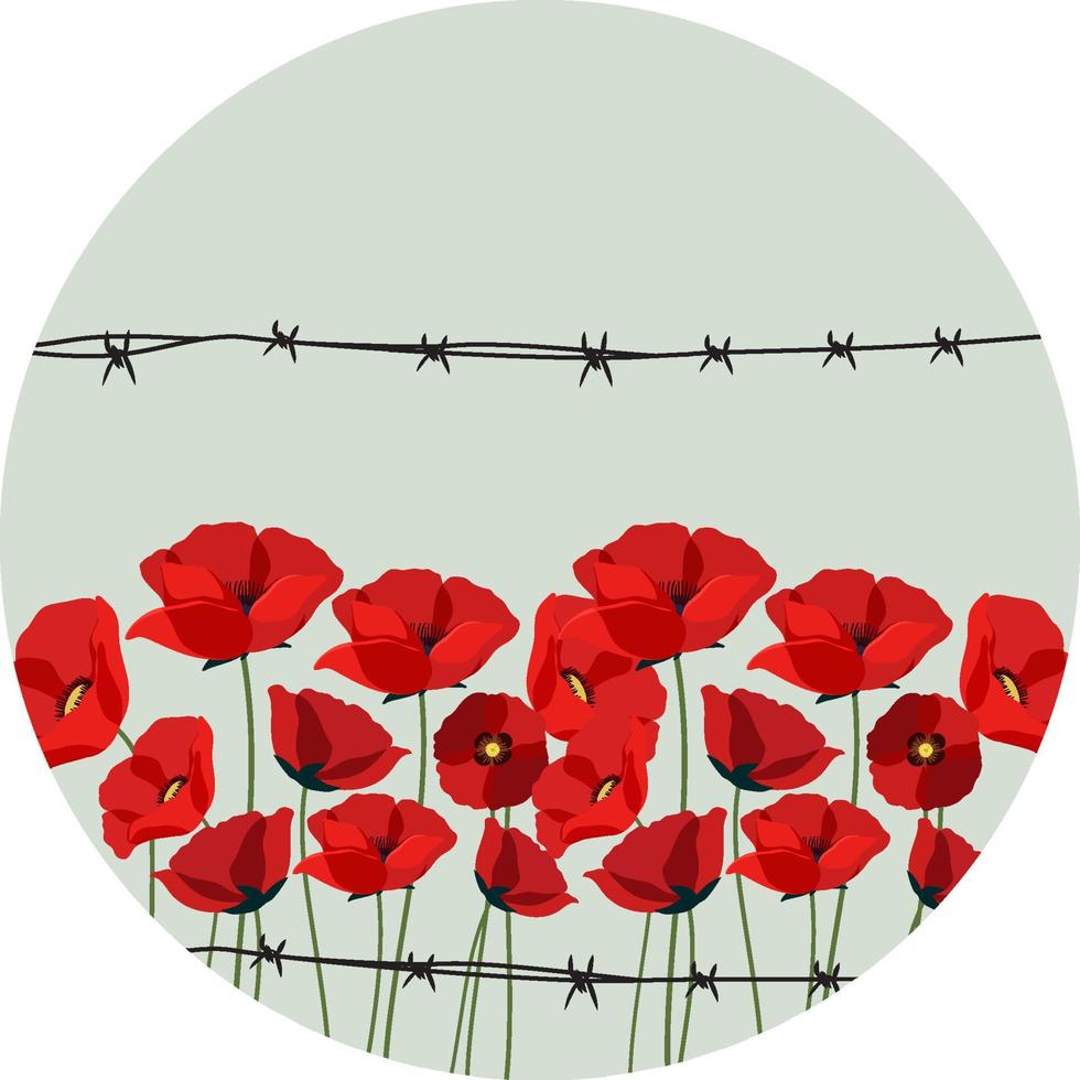 Poppy flower behind barbed wire logo vector