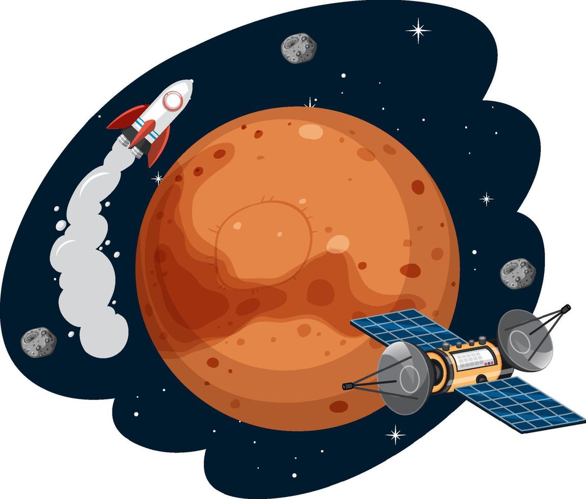 Mars planet with rocket and satellite vector