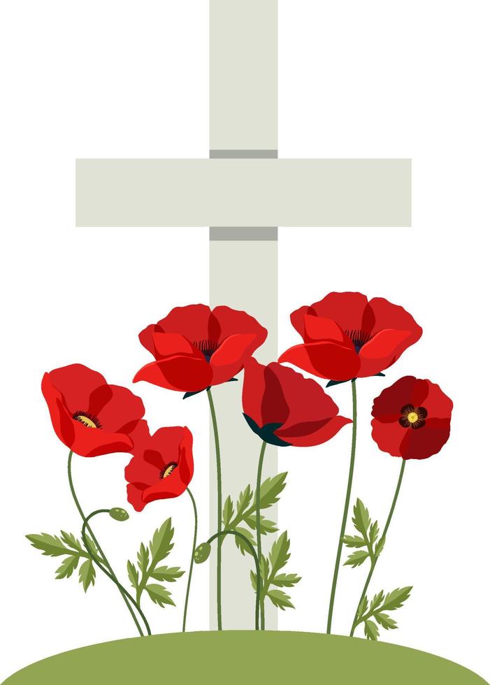 Poppy flowers on cross gravestone for remembrance day icon vector