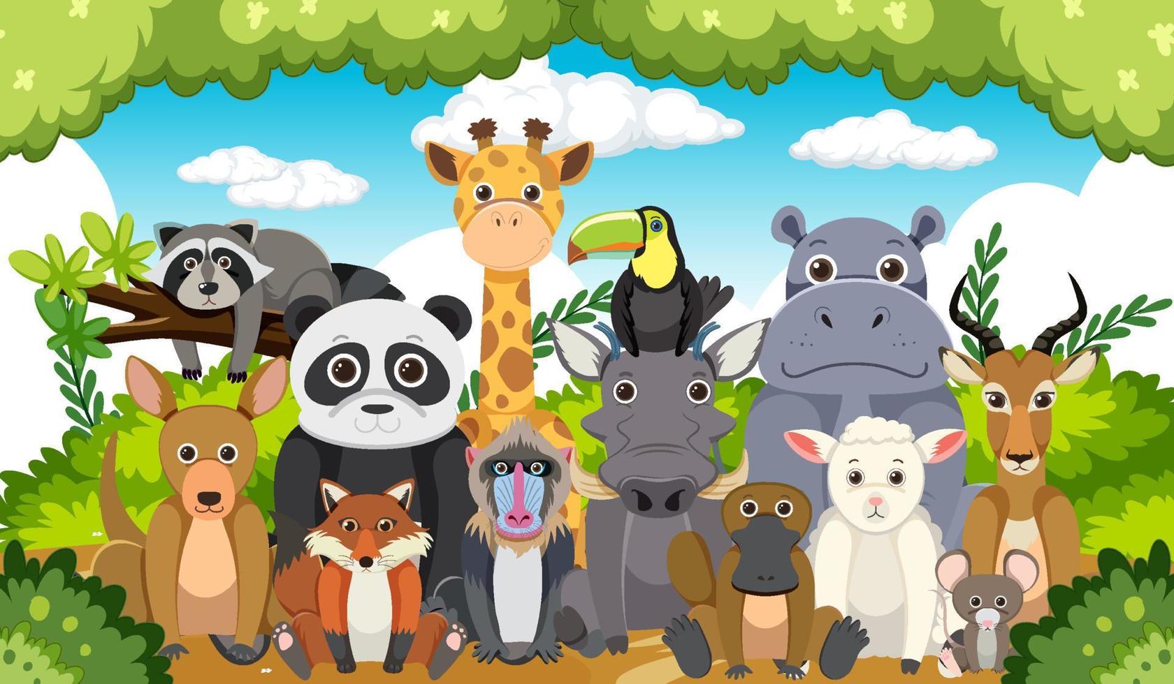 Zoo animals group in flat cartoon style vector