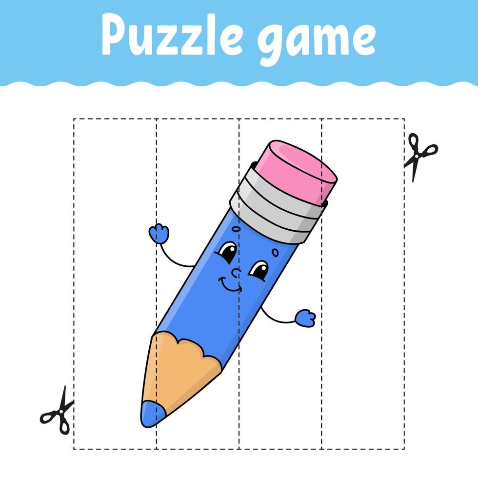 Puzzle game for kids. Cutting practice. Education developing worksheet. Activity page. cartoon character. Vector illustration.