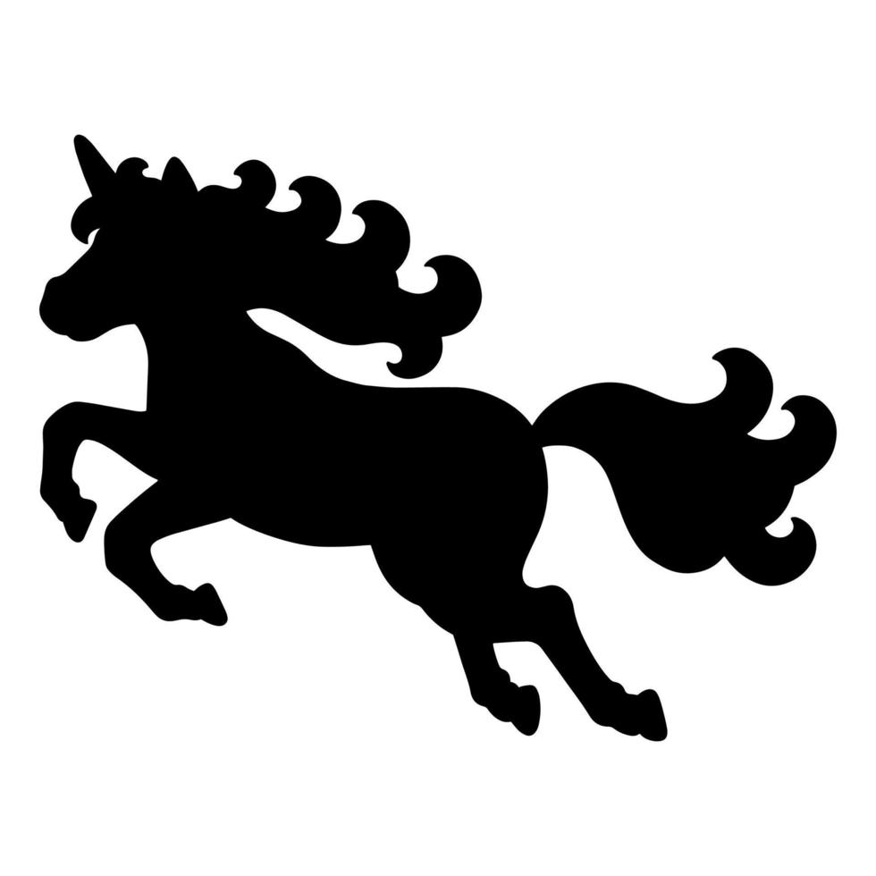 Magic unicorn. Fairy horse. Black silhouette. Design element. Vector illustration isolated on white background. Template for books, stickers, posters, cards, clothes.