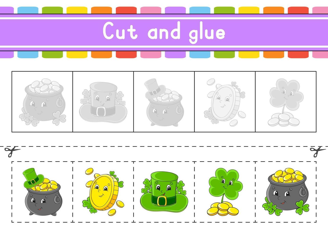 Cut and play. Paper game with glue. Flash cards. Education worksheet. Activity page. Scissors practice. Isolated vector illustration. cartoon style. St. Patrick's day.