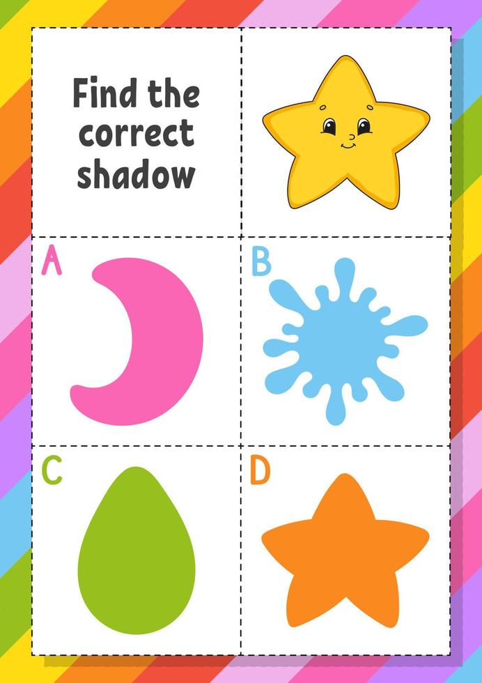 Find the correct shadow. Education developing worksheet for kids. Puzzle game. Activity page. cartoon character. Vector illustration.