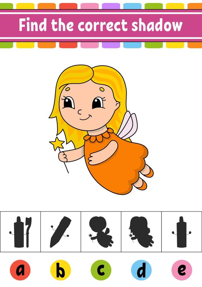 Find the correct shadow. Education developing worksheet. Activity page. Color game for children. Isolated vector illustration. Cartoon character.