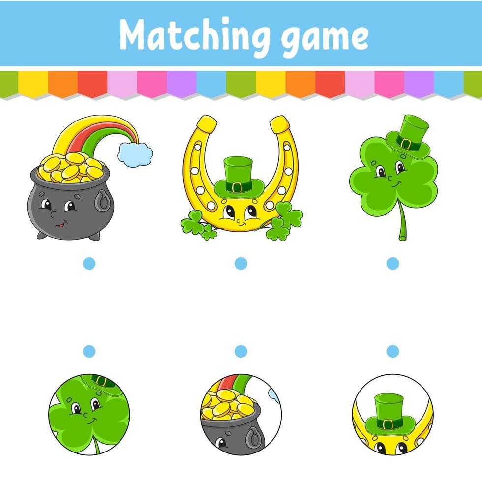 Matching game for kids. Education developing worksheet. Draw a line. Activity page. cartoon character. Vector illustration. St. Patrick's day.