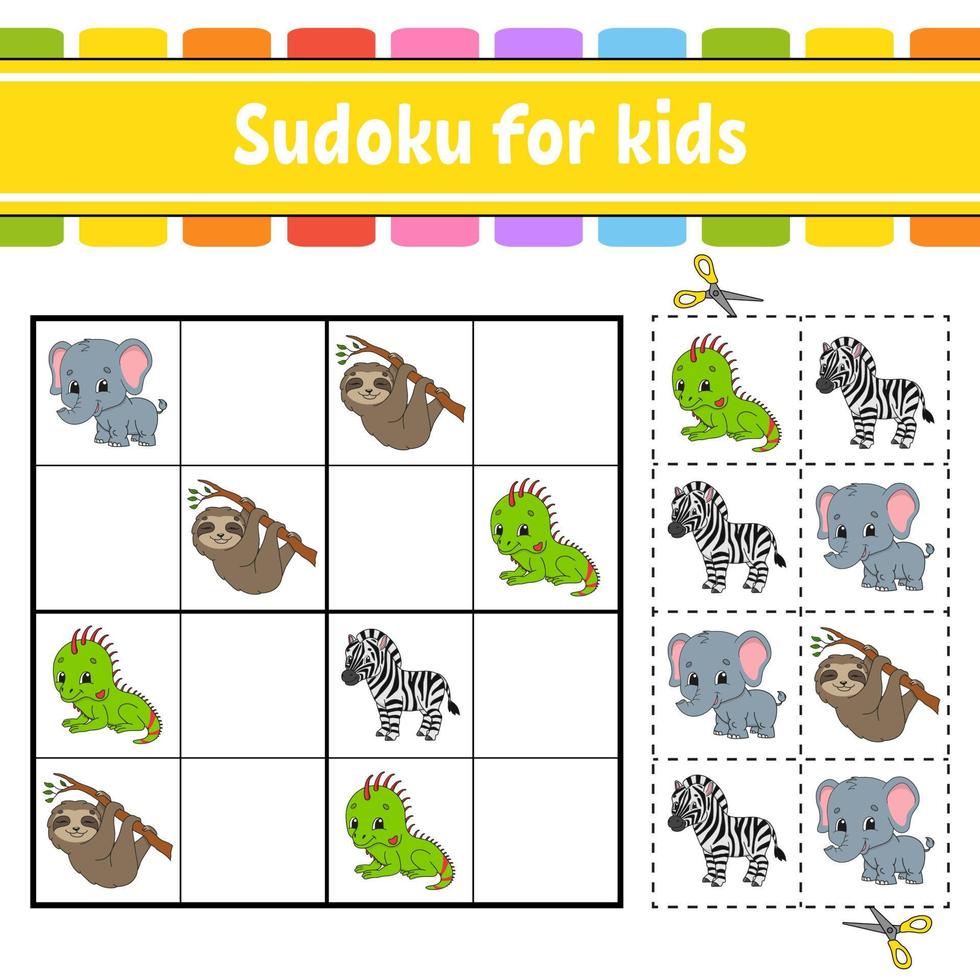 Sudoku for kids. Education developing worksheet. Activity page with pictures. Puzzle game for children. Logical thinking training. Isolated vector illustration. Animal theme. cartoon style.