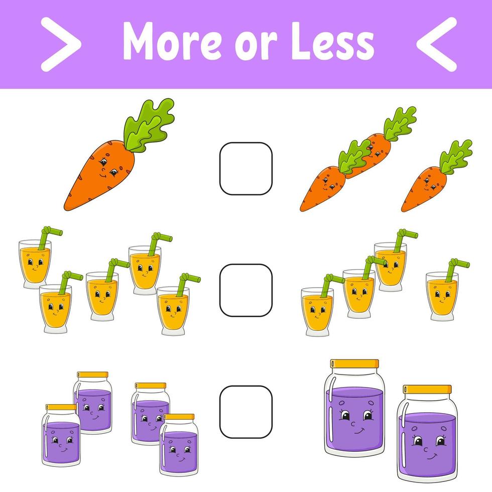 More or less. Educational activity worksheet for kids and toddlers. Isolated color vector illustration in cute cartoon style.