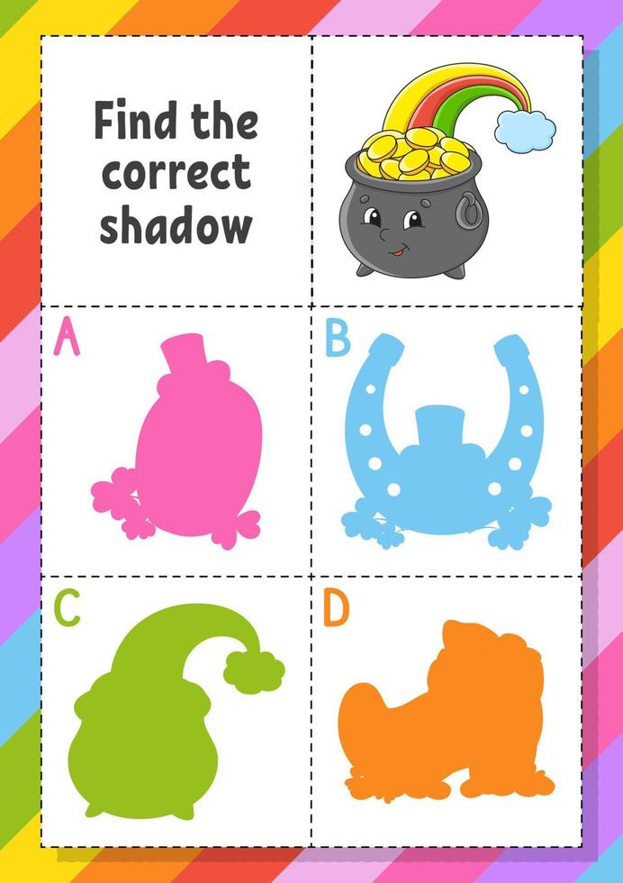 Find the correct shadow. Education developing worksheet for kids. Puzzle game. Activity page. cartoon character. Vector illustration. St. Patrick's day.