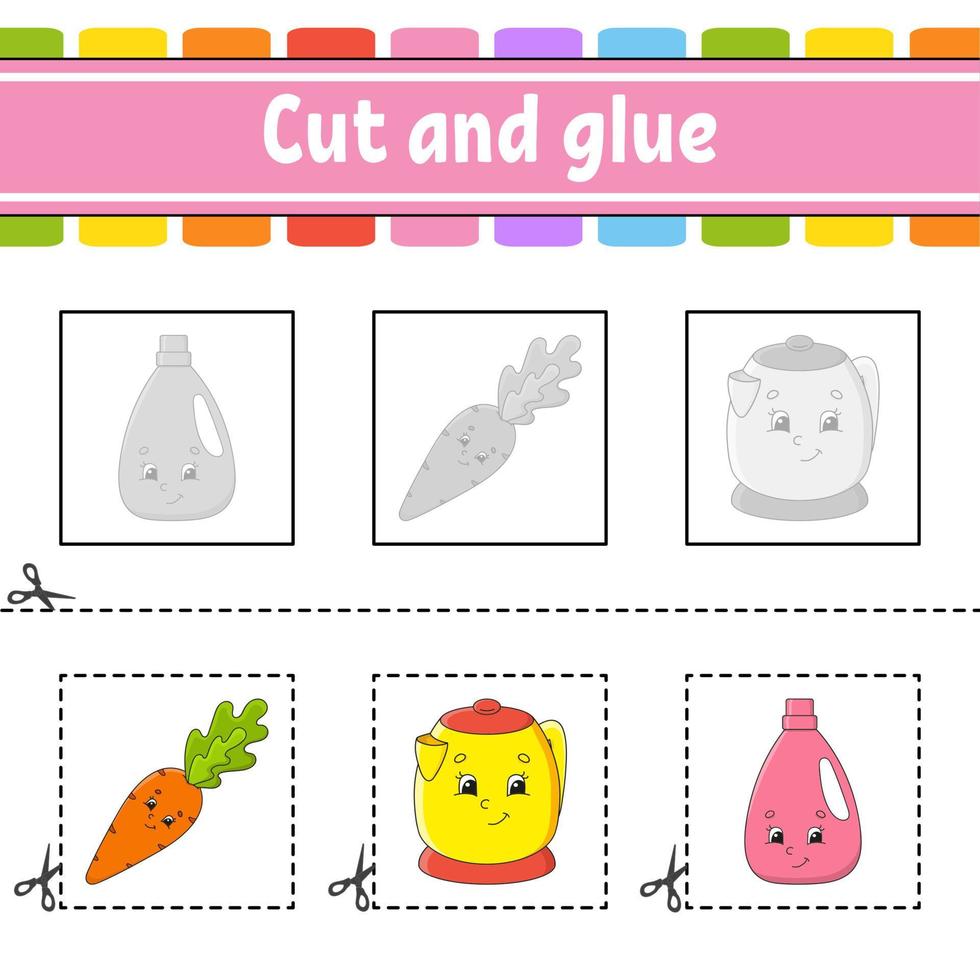 Cut and glue. Game for kids. Education developing worksheet. Color activity page. cartoon character. vector