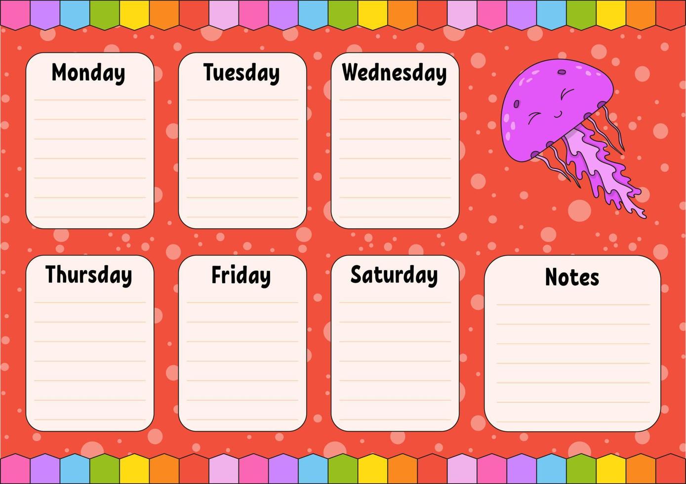 School schedule. Timetable for schoolboys. Empty template. Weekly planer with notes. Isolated color vector illustration. cartoon character.