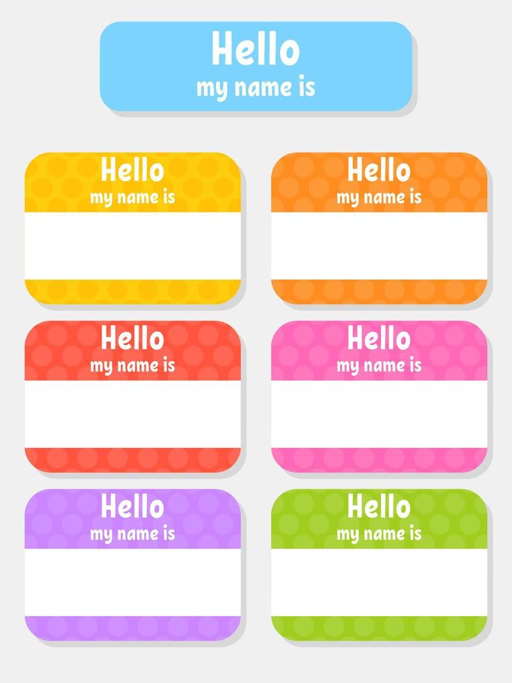 Hello name badge. Bright stickers. Rectangular label. Color vector isolated illustration.