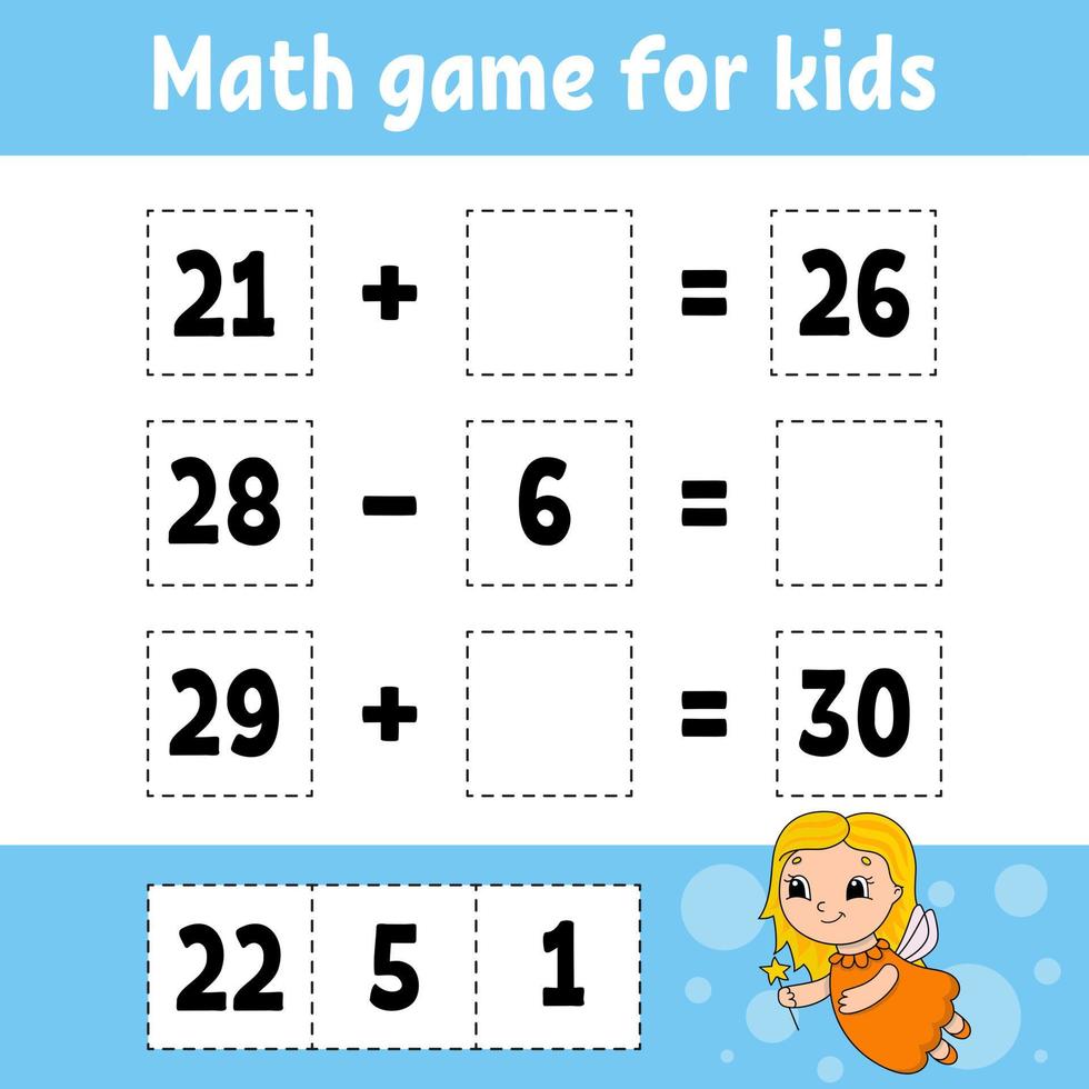 Math game for kids. Education developing worksheet. Activity page with pictures. Game for children. Color isolated vector illustration. Funny character. Cartoon style.