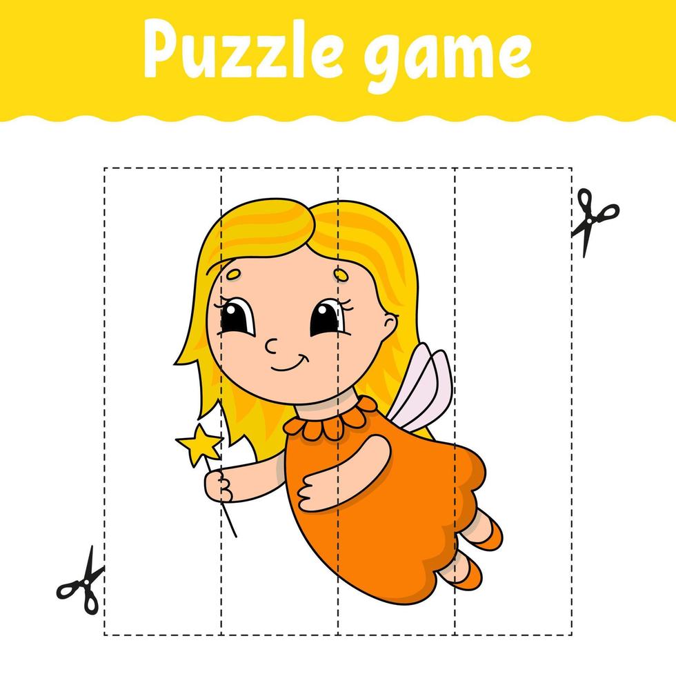 Puzzle game for kids. Cutting practice. Education developing worksheet. Activity page. cartoon character. Vector illustration.