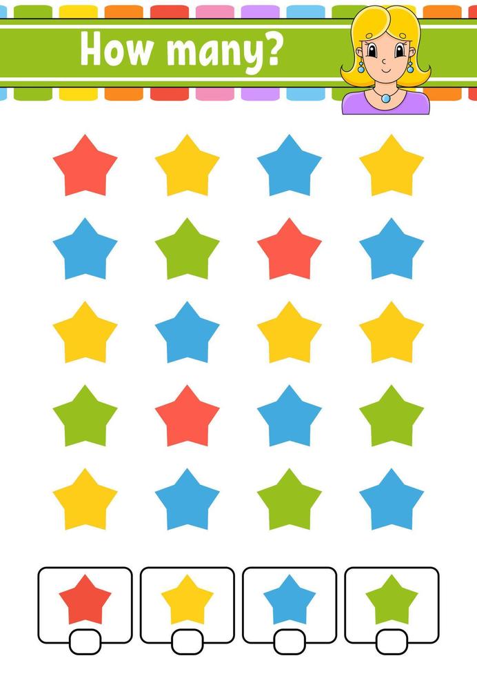 Counting game for children. Happy characters. Learning mathematics. How many object in the picture. Education worksheet. With space for answers. Isolated vector illustration in cute cartoon style.