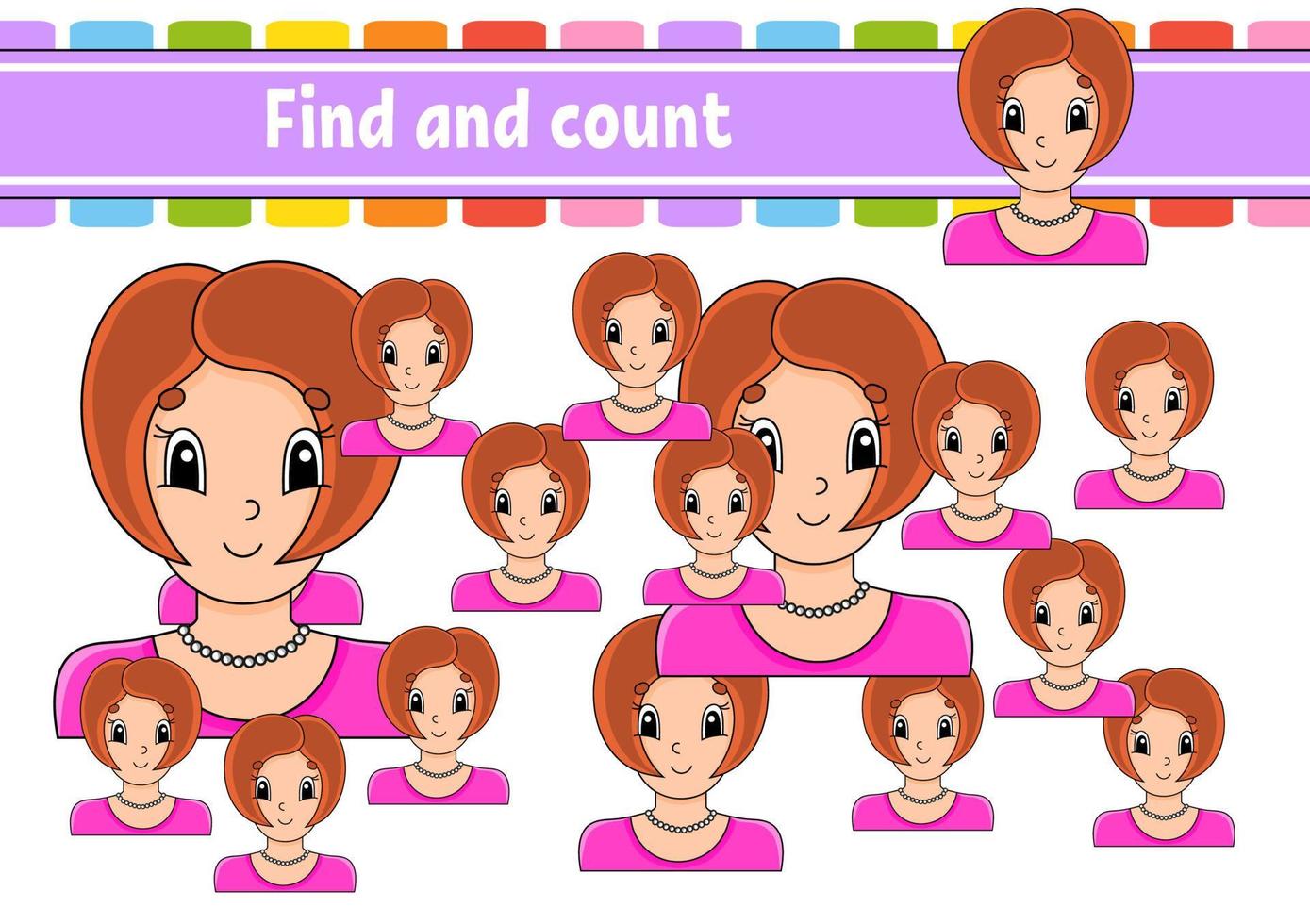 Find and count. Education developing worksheet. Activity page. Puzzle game for children. Logical thinking training. Isolated vector illustration. cartoon character.