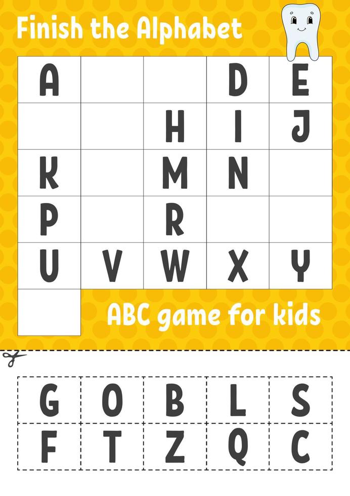 Finish the alphabet. ABC game for kids. Cut and glue. Education developing worksheet. Learning game for kids. Color activity page. vector