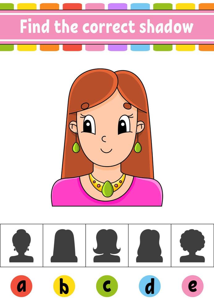 Find the correct shadow. Education developing worksheet. Activity page. Color game for children. Isolated vector illustration. Cartoon character.