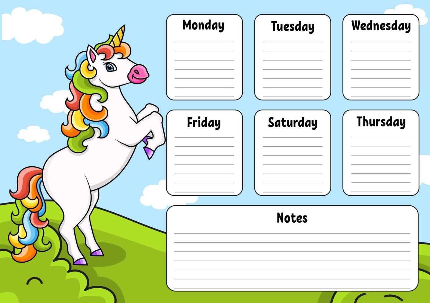 School timetable with magic unicorn. For the education of children