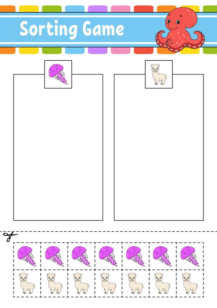 juego de clasificación para niños. corta y pega. hoja de trabajo de desarrollo educativo. juego de correspondencias para niños. página de actividades de colores. rompecabezas para niños. lindo personaje ilustración vectorial estilo de dibujos animados vector