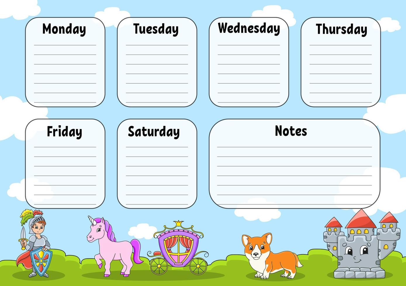 School timetable. For the education of children. Isolated on a white background. Fairytale theme. With a cute cartoon character. vector