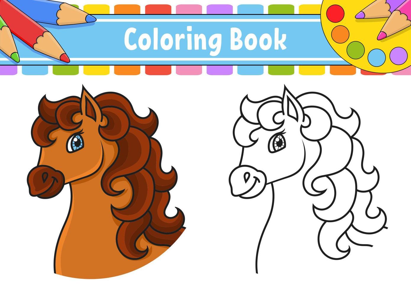 Coloring book for kids. Horse animal. Coon character. Vector illustration. Black contour. Isolated on white background.
