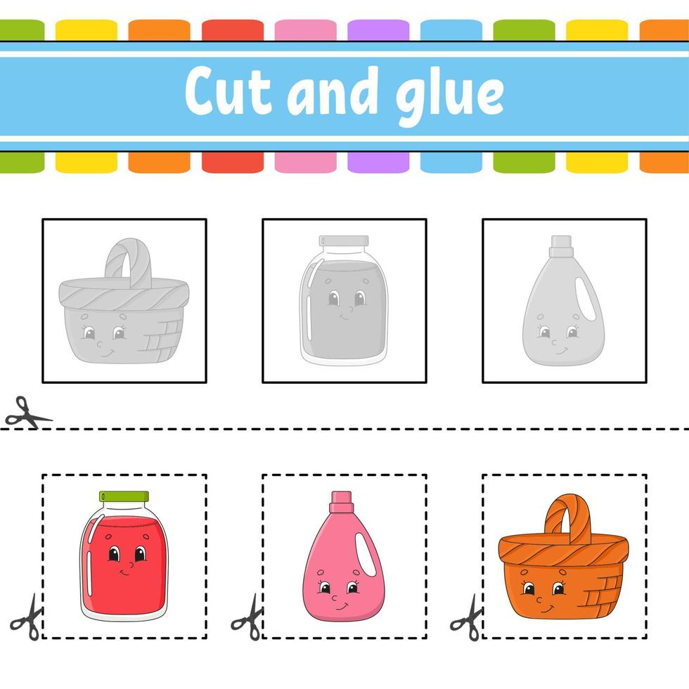 Cut and glue. Game for kids. Education developing worksheet. Color activity page. cartoon character. vector