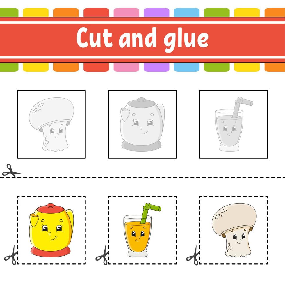 Cut and glue. Game for kids. Education developing worksheet. Color activity page. cartoon character. vector