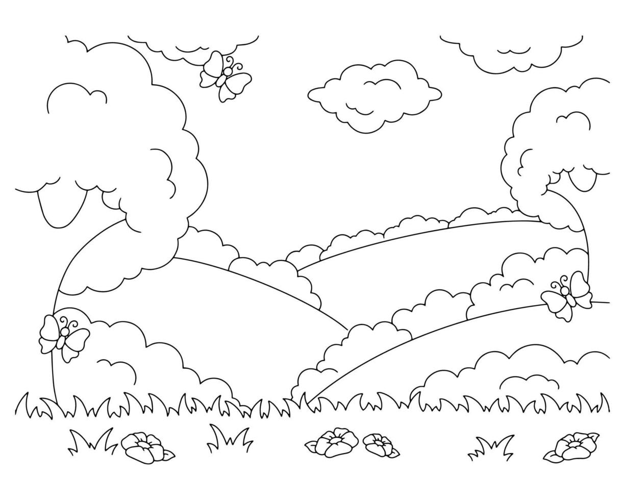 maravilloso paisaje natural. página de libro para colorear para niños. estilo de dibujos animados. ilustración vectorial aislado sobre fondo blanco. vector