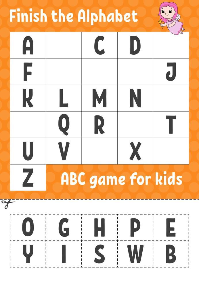 Finish the alphabet. ABC game for kids. Cut and glue. Education developing worksheet. Learning game for kids. Color activity page. vector