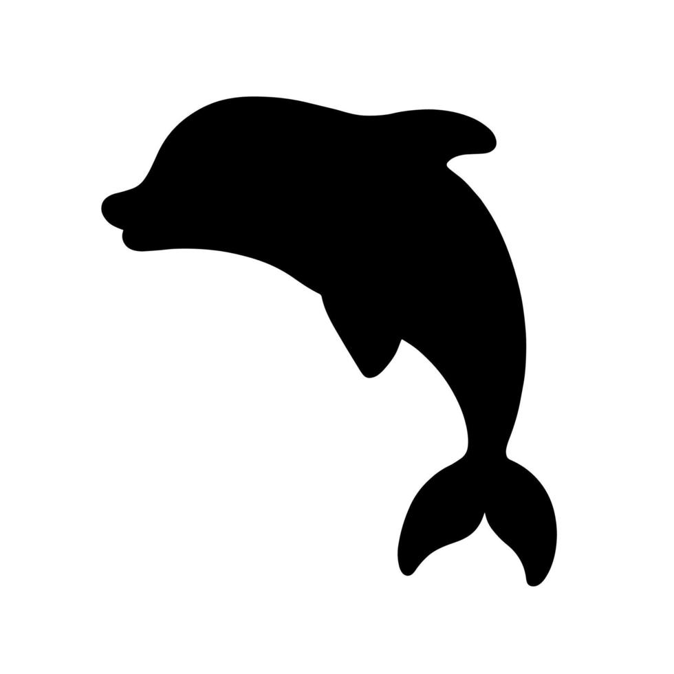 Black silhouette dolphin. Design element. Vector illustration isolated on white background. Template for books, stickers, posters, cards, clothes.