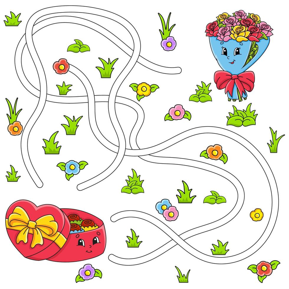 Funny maze for kids. Puzzle for children. cartoon character. Labyrinth conundrum. Color vector illustration. Find the right path. Valentine's Day