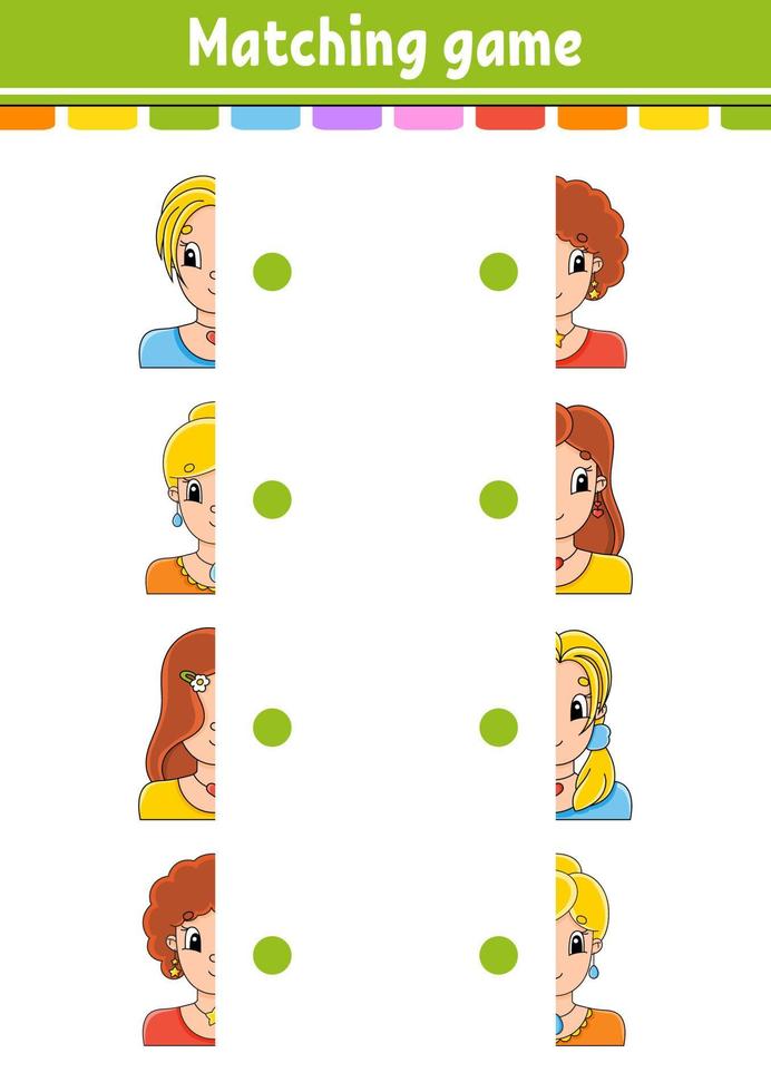Matching game. Draw a line. Education developing worksheet. Activity page with color pictures. Riddle for children. Isolated vector illustration. Cute character. Cartoon style.