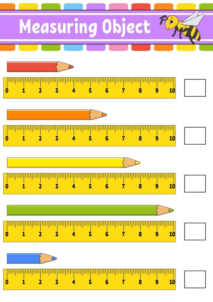 objeto de medición con regla. hoja de trabajo de desarrollo educativo. juego para niños página de actividades de colores. rompecabezas para niños. lindo personaje ilustración vectorial estilo de dibujos animados vector