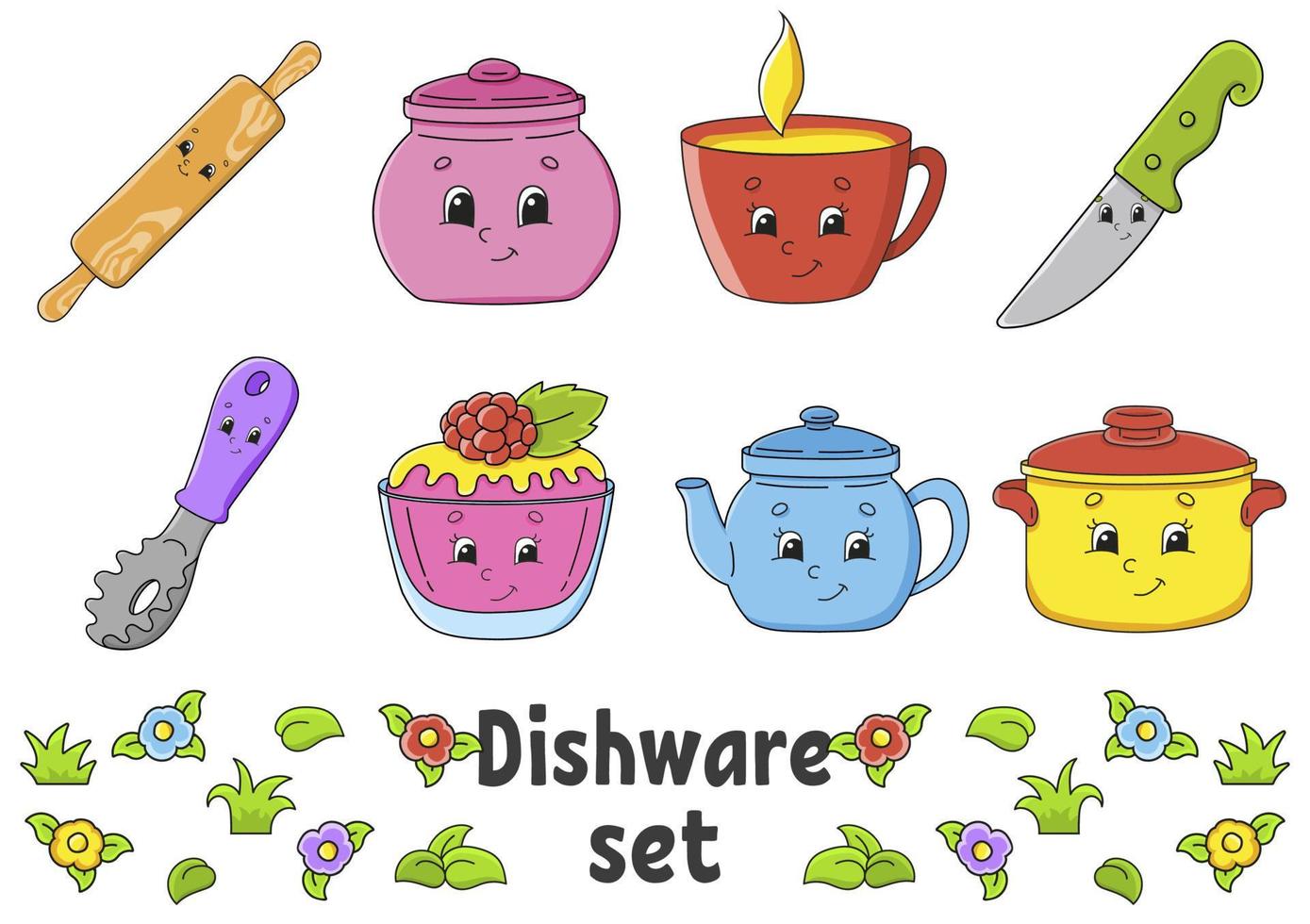 Set of stickers with cute cartoon characters. Hand drawn. Colorful pack. Vector illustration. Dishware theme. Patch badges collection for kids. For daily planner, organizer, diary.