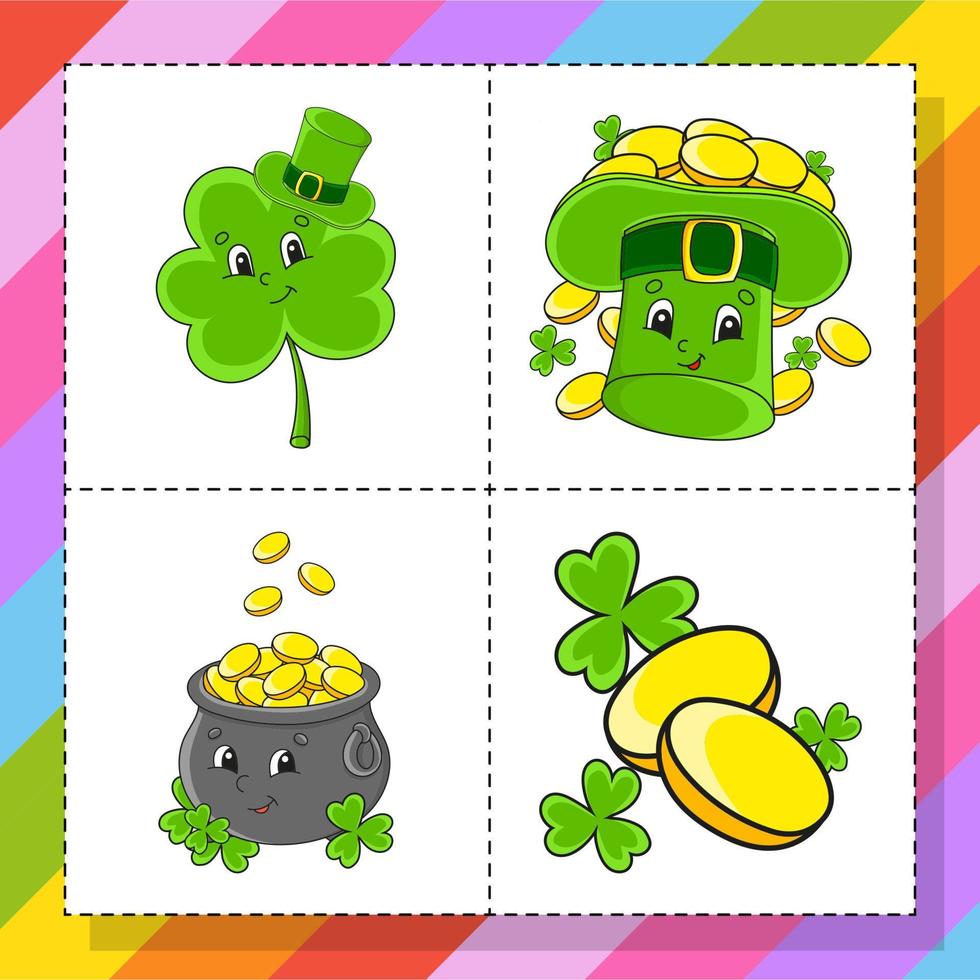 conjunto de pegatinas con lindos personajes de dibujos animados. dibujado a mano. paquete colorido. ilustración vectorial colección de insignias de parche para niños. S t. día de San Patricio. vector