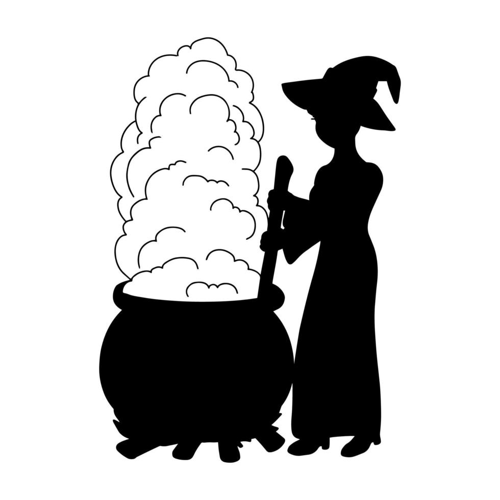 una joven bruja está elaborando una poción en un caldero. silueta negra. elemento de diseño ilustración vectorial aislado sobre fondo blanco. plantilla para libros, pegatinas, carteles, tarjetas, ropa. vector