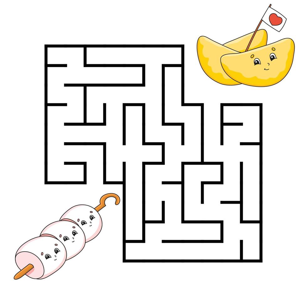 Square maze. Game for kids. Puzzle for children. Labyrinth conundrum. Color vector illustration. Isolated vector illustration. cartoon character. Barbecue theme.