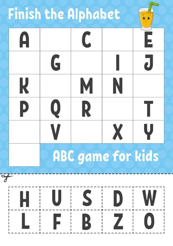 Finish the alphabet. ABC game for kids. Cut and glue. Education developing worksheet. Learning game for kids. Color activity page. vector