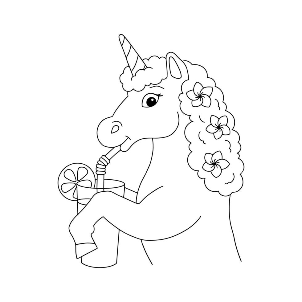 Cute unicorn is drinking juice. Coloring book page for kids. Cartoon style character. Vector illustration isolated on white background.