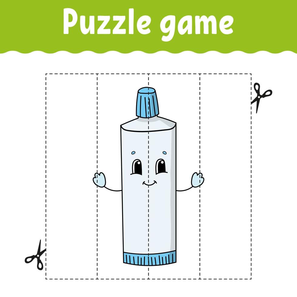 Puzzle game for kids. Cutting practice. Education developing worksheet. Activity page. cartoon character. Vector illustration.