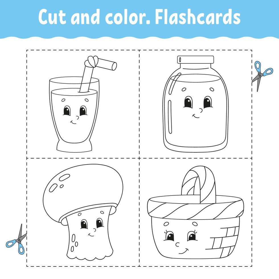 Cut and color. Flashcard Set. Coloring book for kids. Cute cartoon character. Black contour silhouette. Isolated on white background. vector