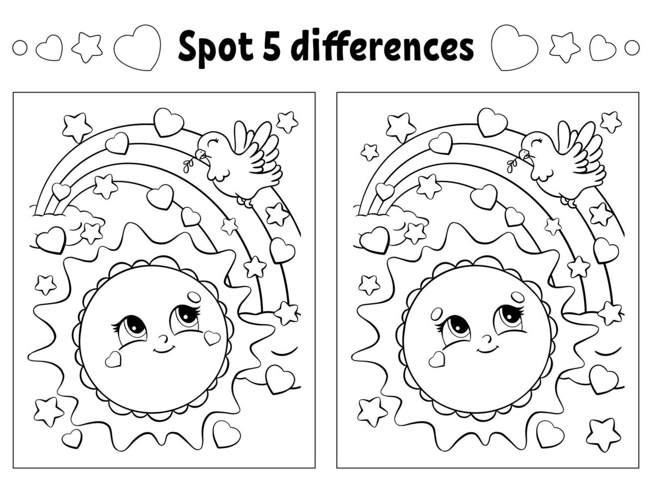 Find five differences. Coloring page for kids. Activity worksheet for children. Vector illustration isolated on white background.