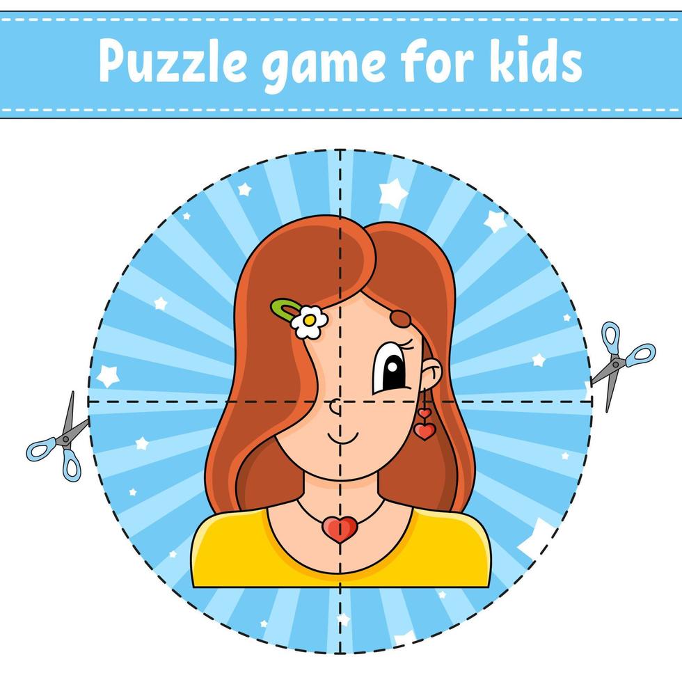 Cut and play. Round puzzle. Logic puzzle for kids. Activity page. Cutting practice for preschool. cartoon character. vector